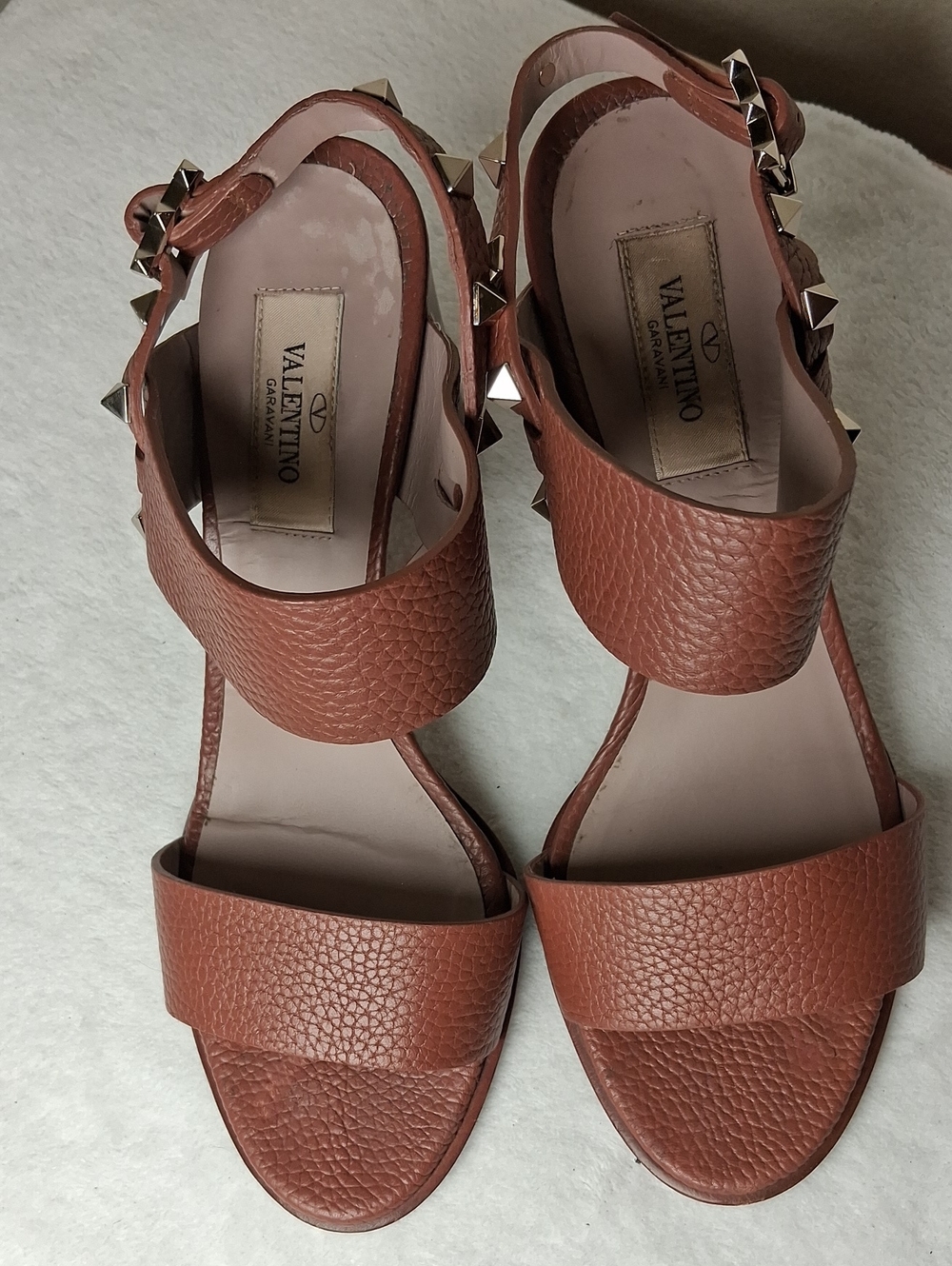 Valentino Garavani Brown Pebbled Leather Stud Ankle-Strap Sandals